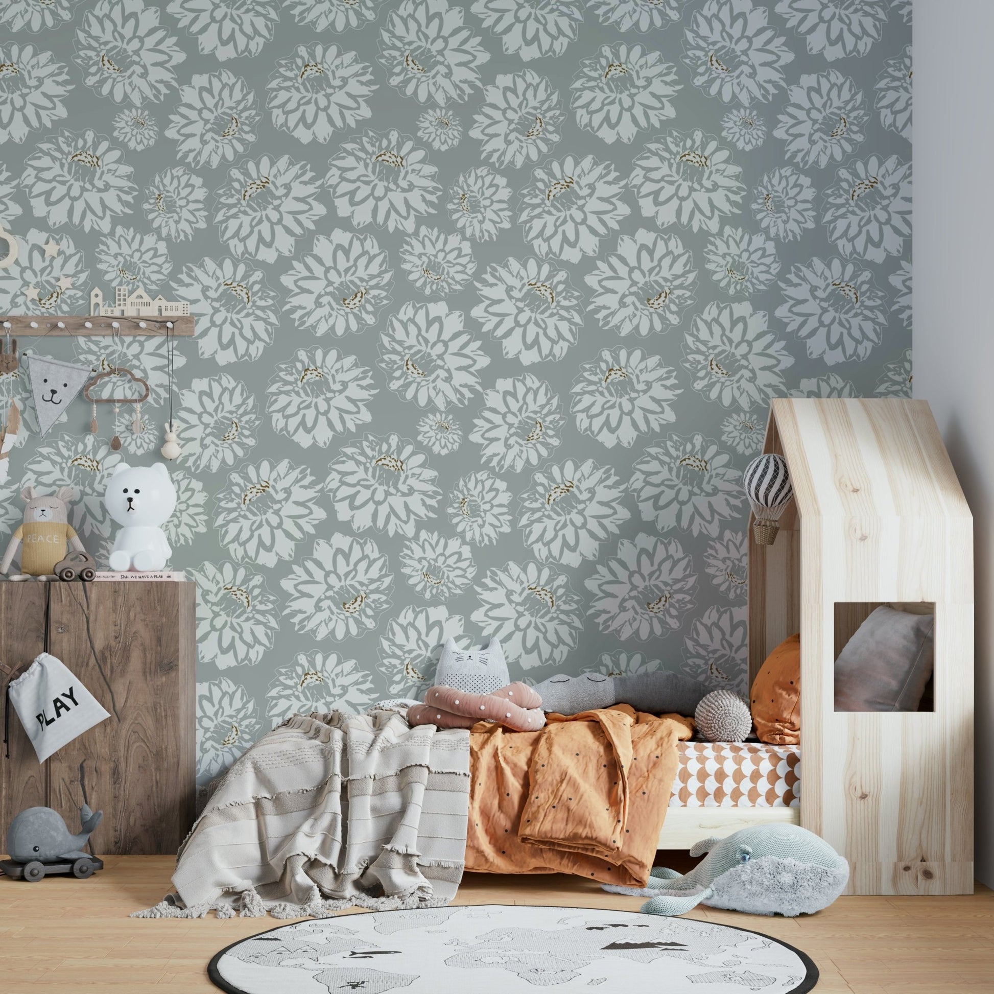 Dahlias Soft Blue mural for a living room.


