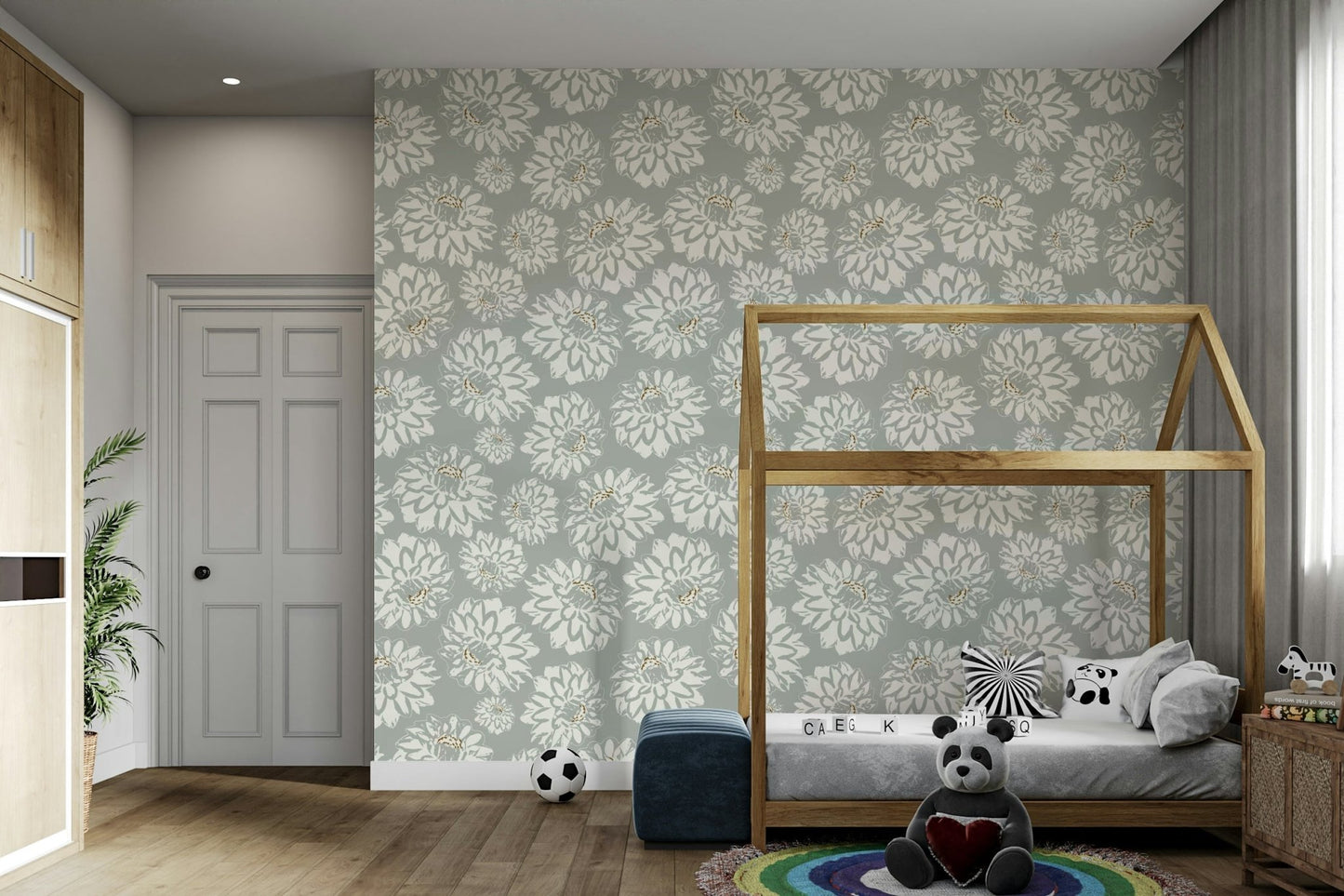 Dahlias Soft Blue mural for a bedroom.

