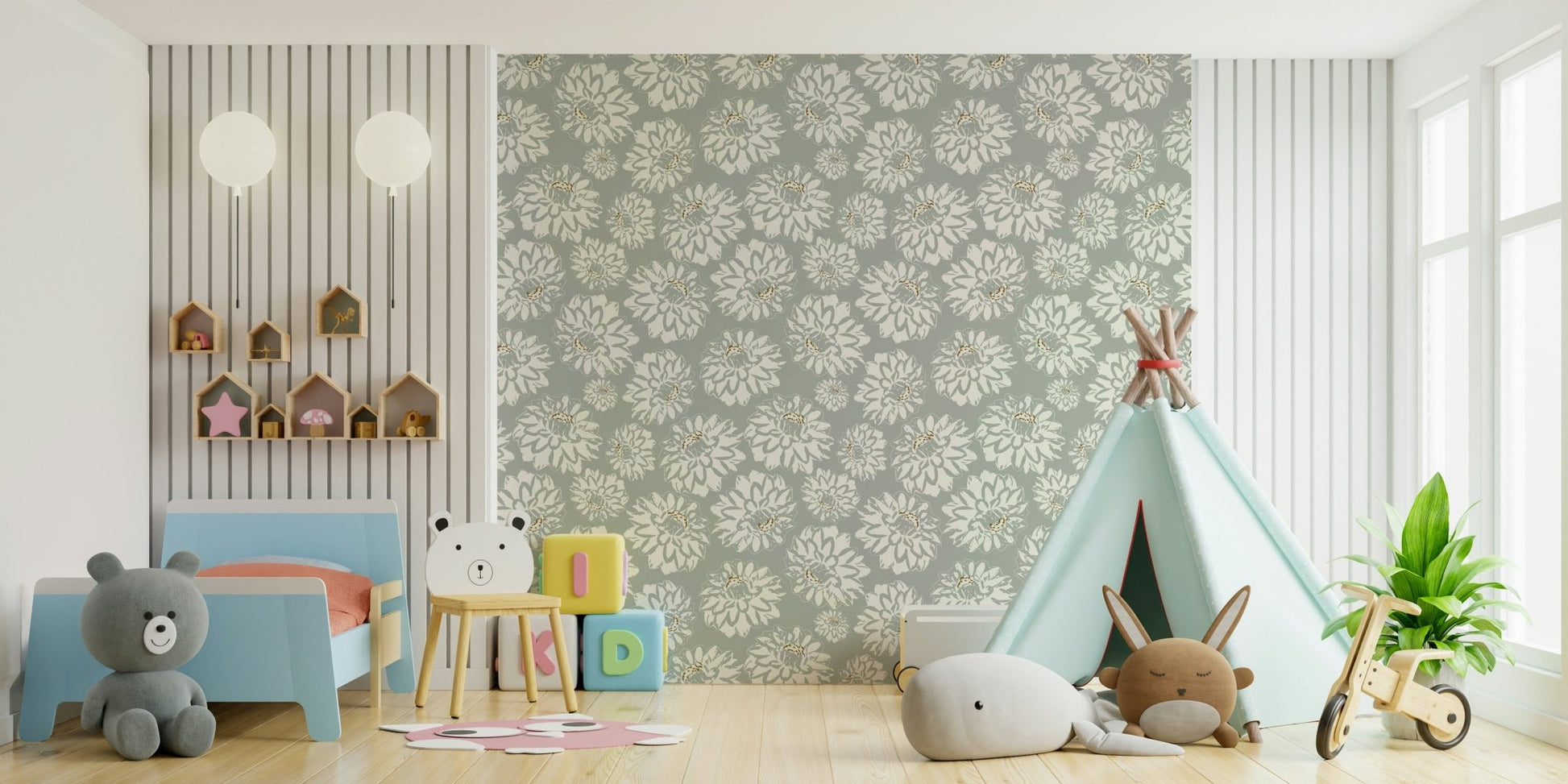 Dahlias Soft Blue Wallpaper.

