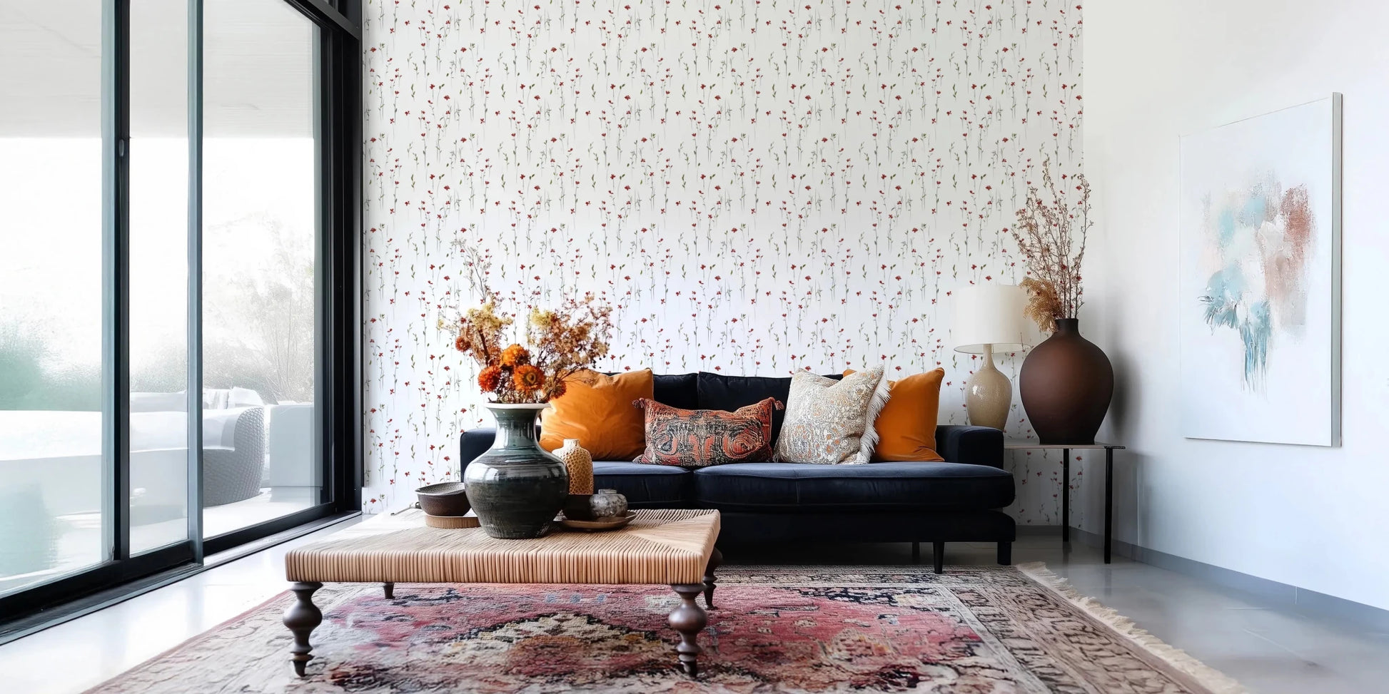 Small Dainty Scarlet Blooms wallpaper motif on clean background.