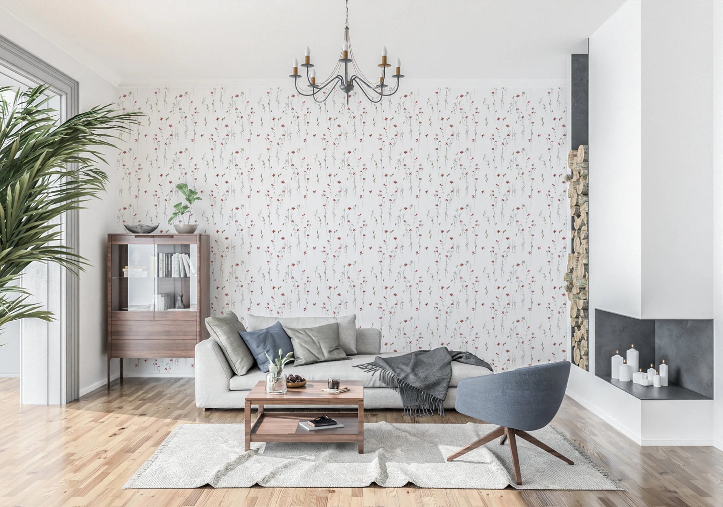 Light Dainty Scarlet Blooms wallpaper with airy botanical art.
