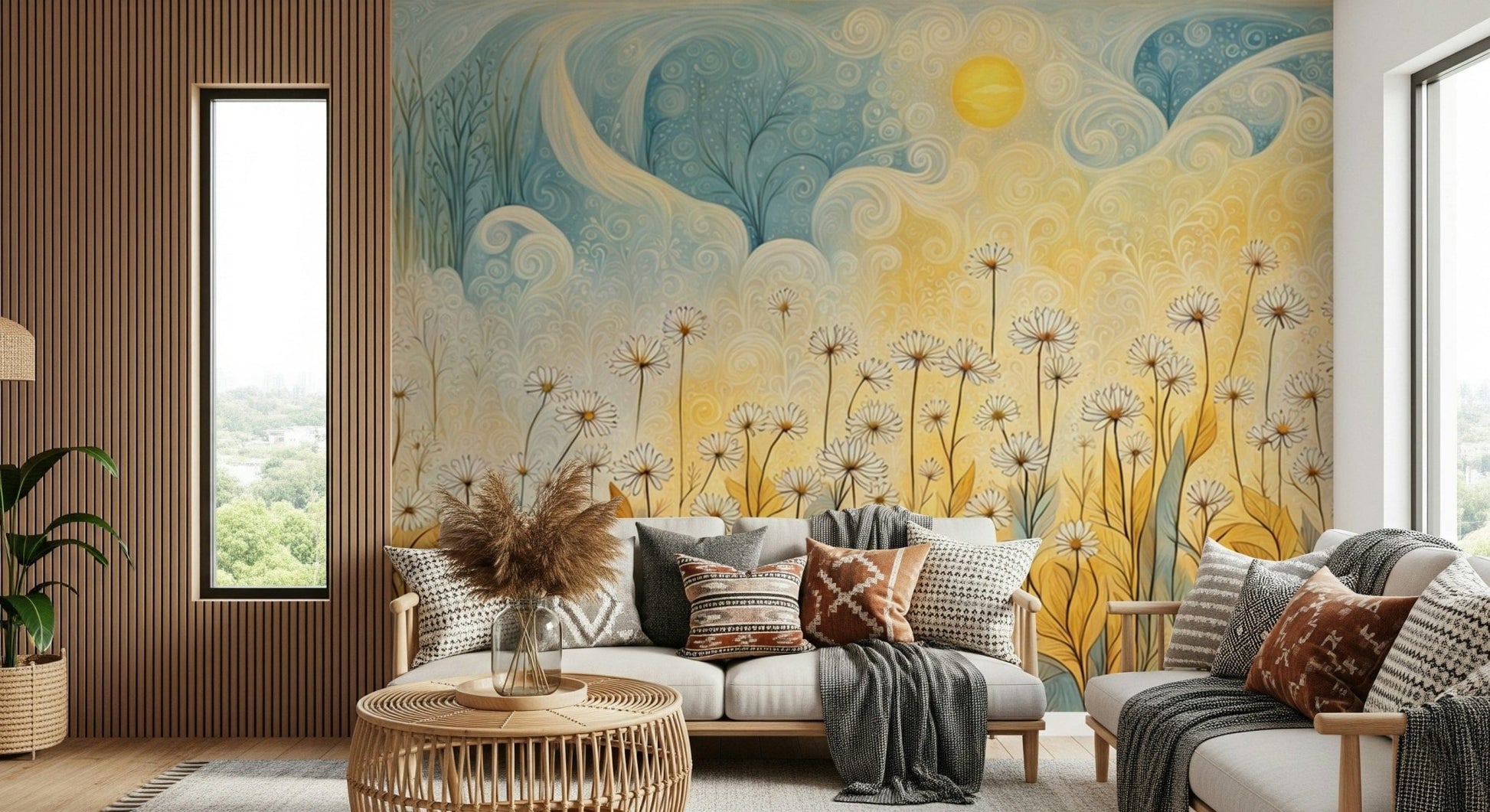 Daisy Daydreams Wall Mural used as a cheerful focal point in a contemporary guest suite.