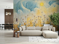 Minimalist floral wall decor in a bathroom with gold fixtures and white tile.