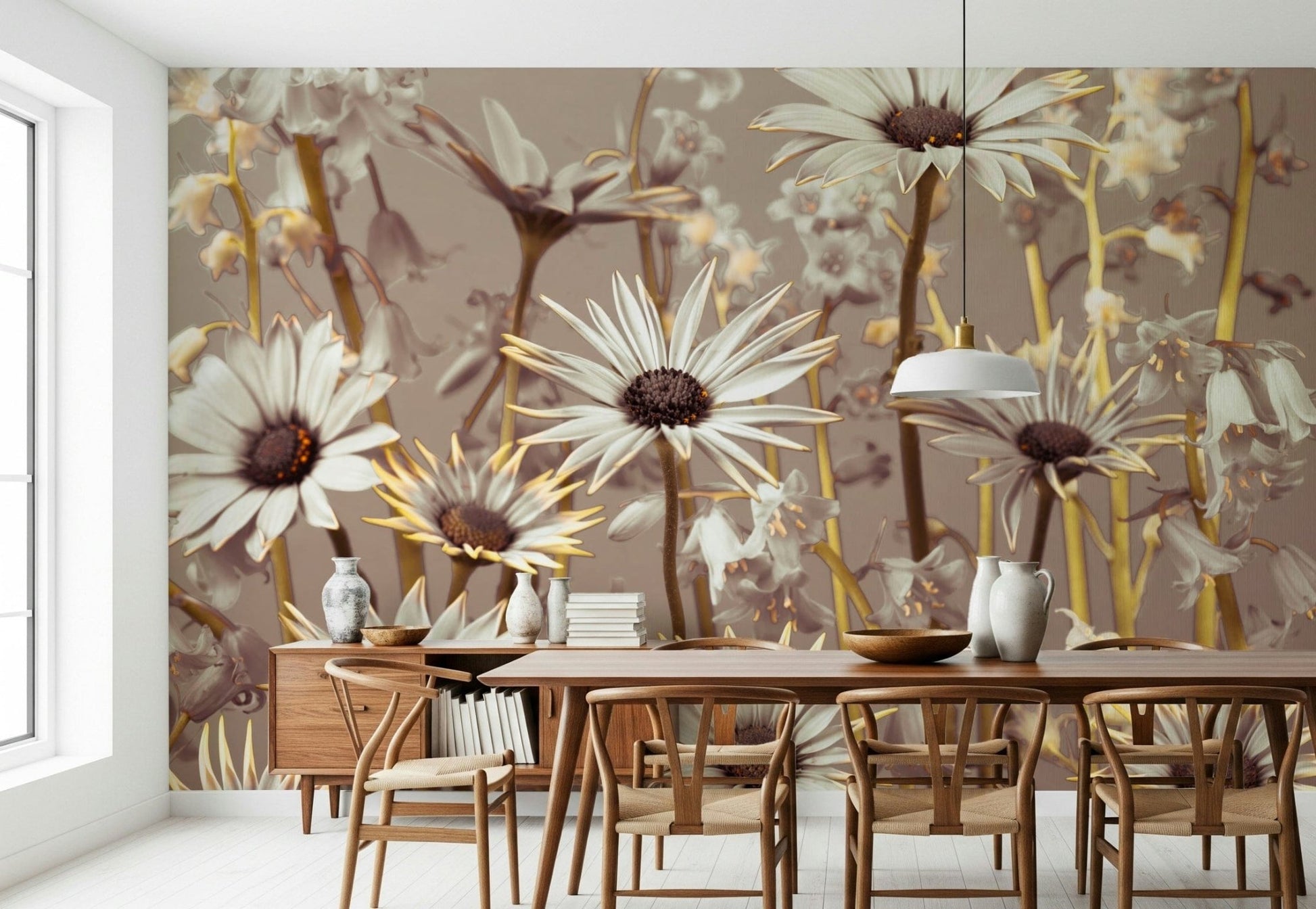 Floral wallpaper showcasing delicate daisies and wildflowers in warm, muted colors.