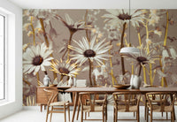 Floral wallpaper showcasing delicate daisies and wildflowers in warm, muted colors.