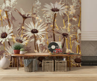 Decorative wallpaper with blooming daisies and subtle wildflower accents in earthy hues.