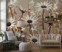 Romantic daisy wallpaper with detailed petals and warm golden stems set against a soft backdrop.
