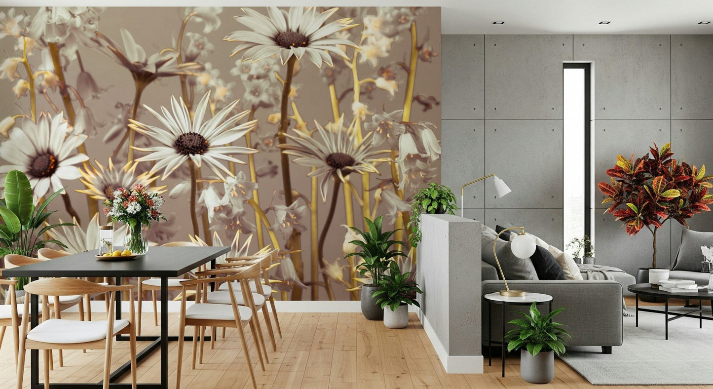 Botanical wallpaper with large daisy blooms and soft-focus blossoms creating a serene atmosphere.