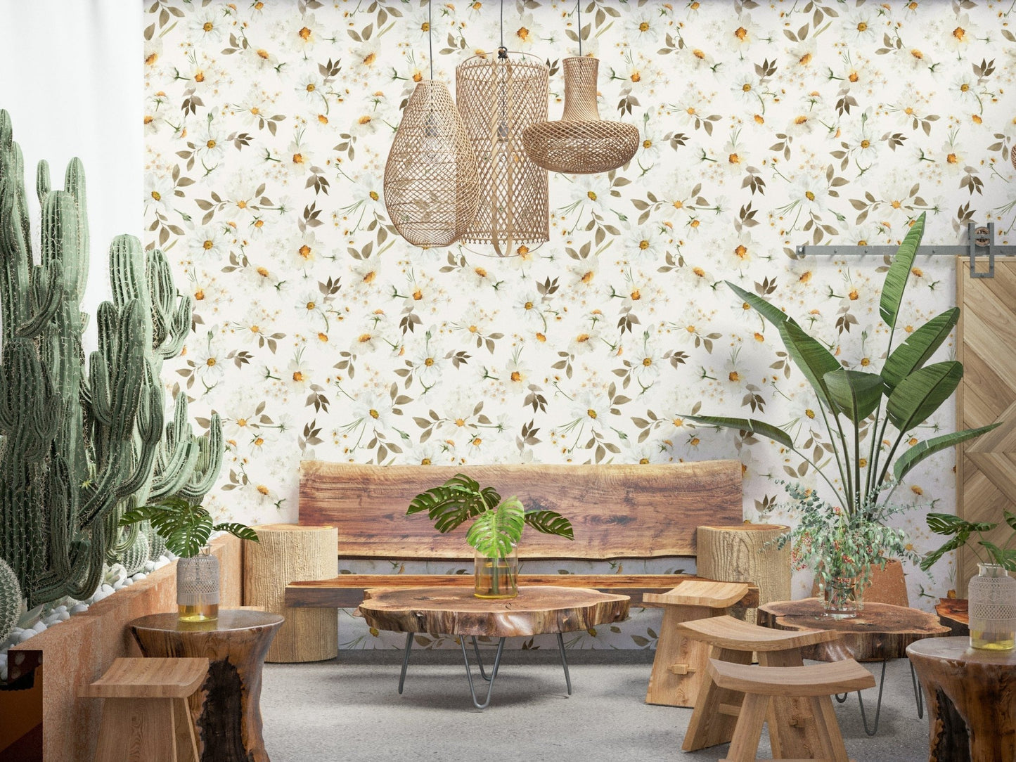 Charming daisy art peel and stick wallpaper for room.