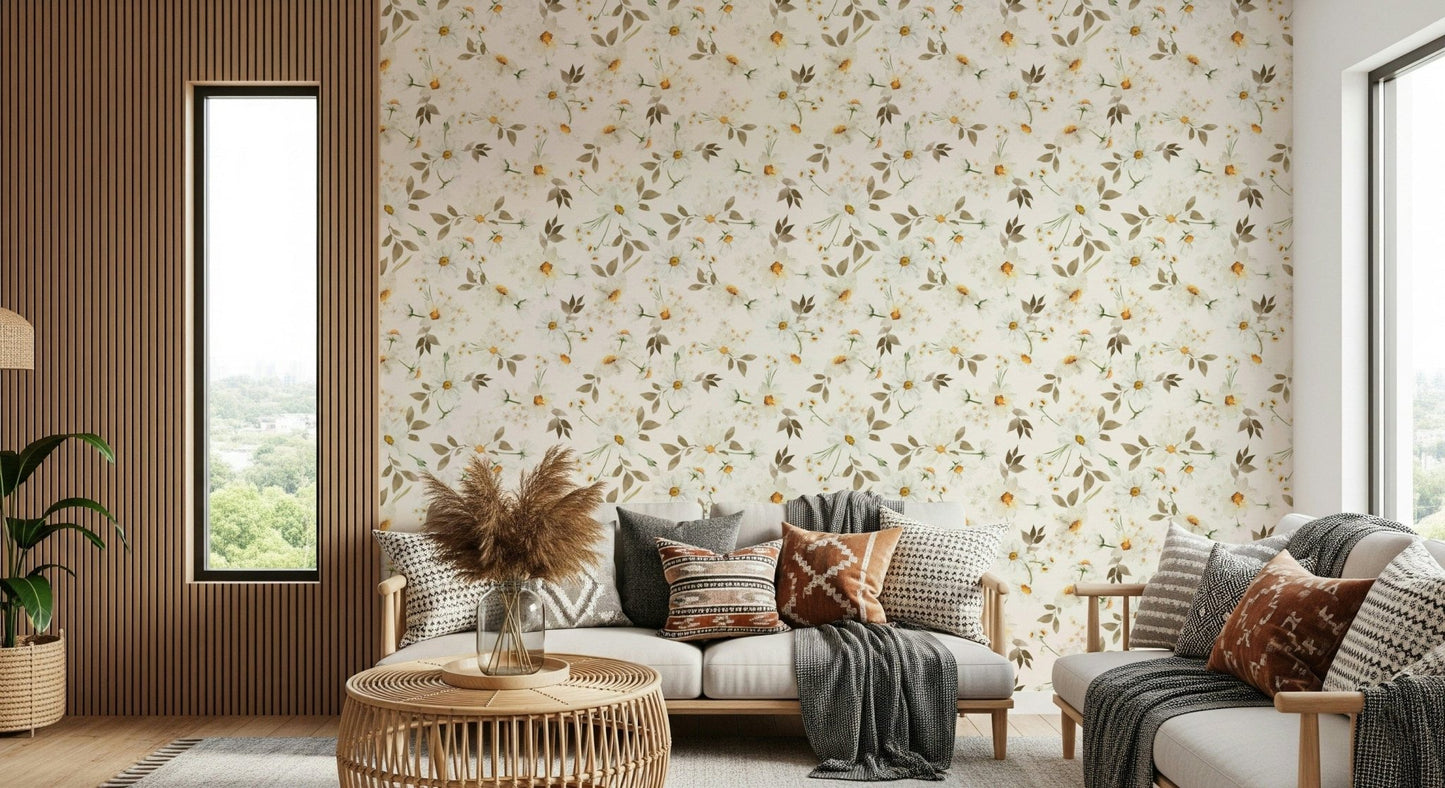 Wall mural Daisy Dream watercolour leaves and blossoms.