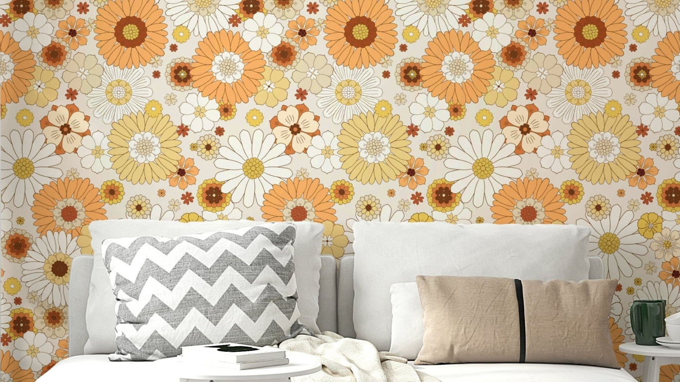 A cheerful, retro-themed floral wallpaper pattern.
