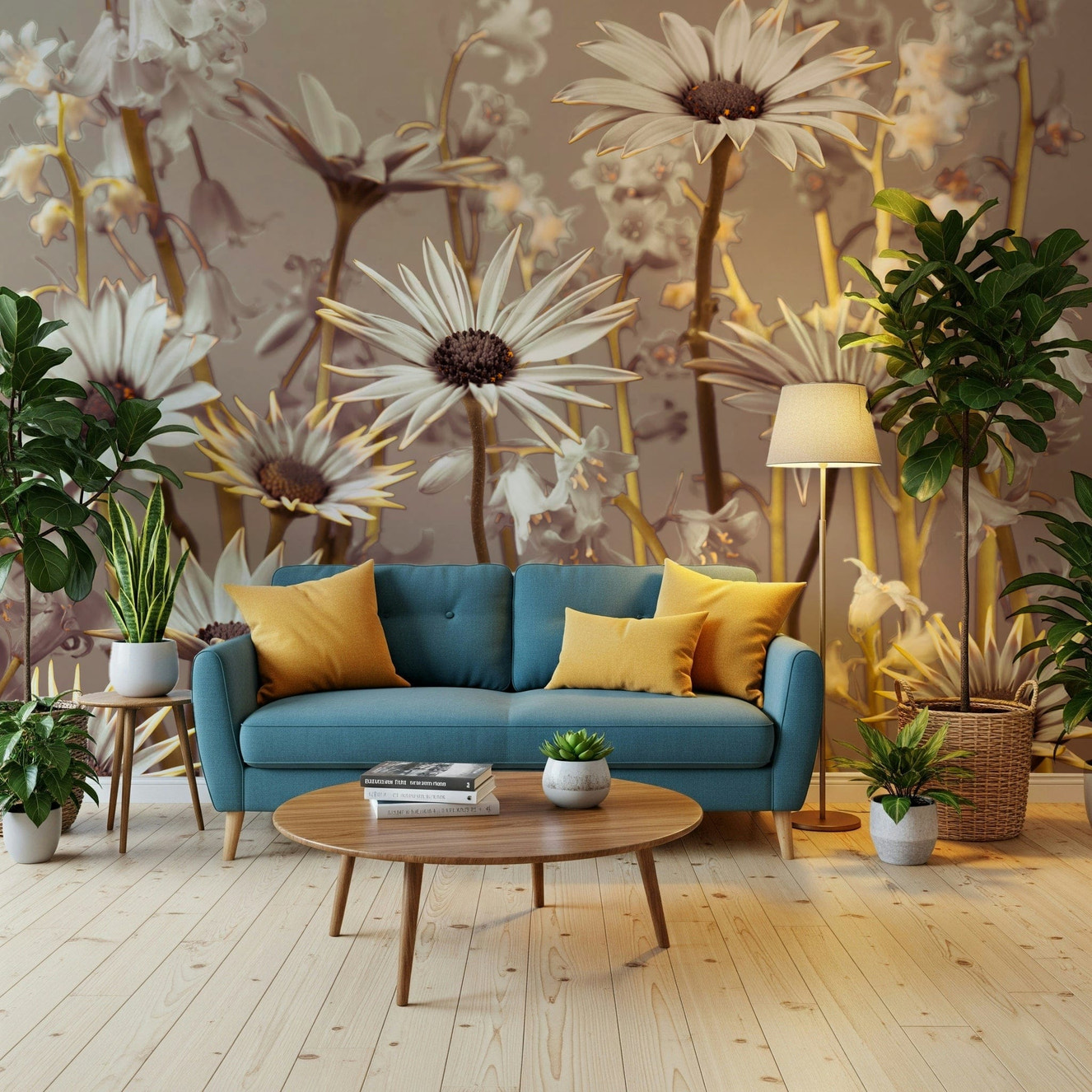 Soft botanical wallpaper with detailed daisy petals and warm natural stems.