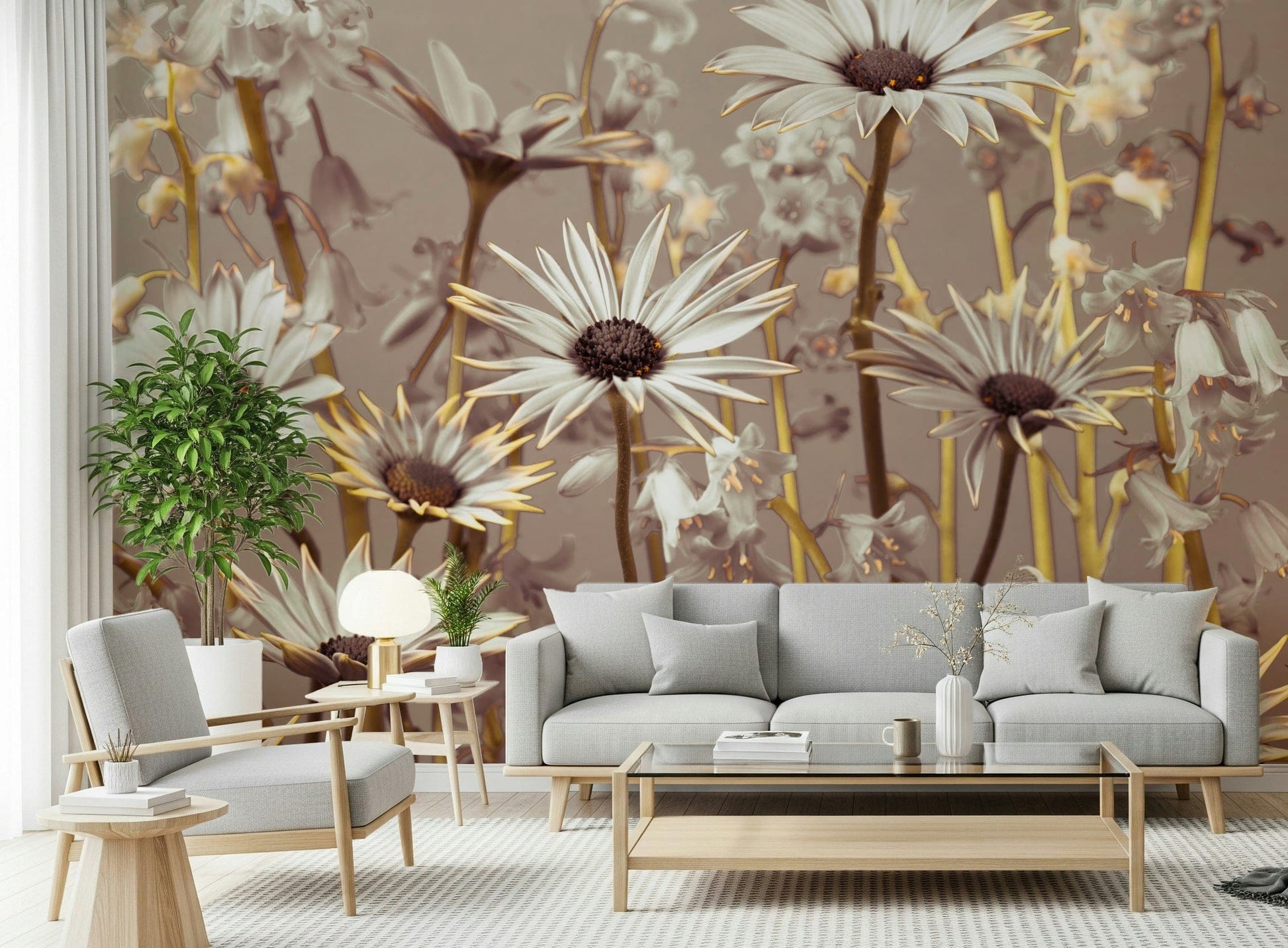 Elegant botanical wallpaper featuring airy daisies and softly blurred flowers for a soothing effect.