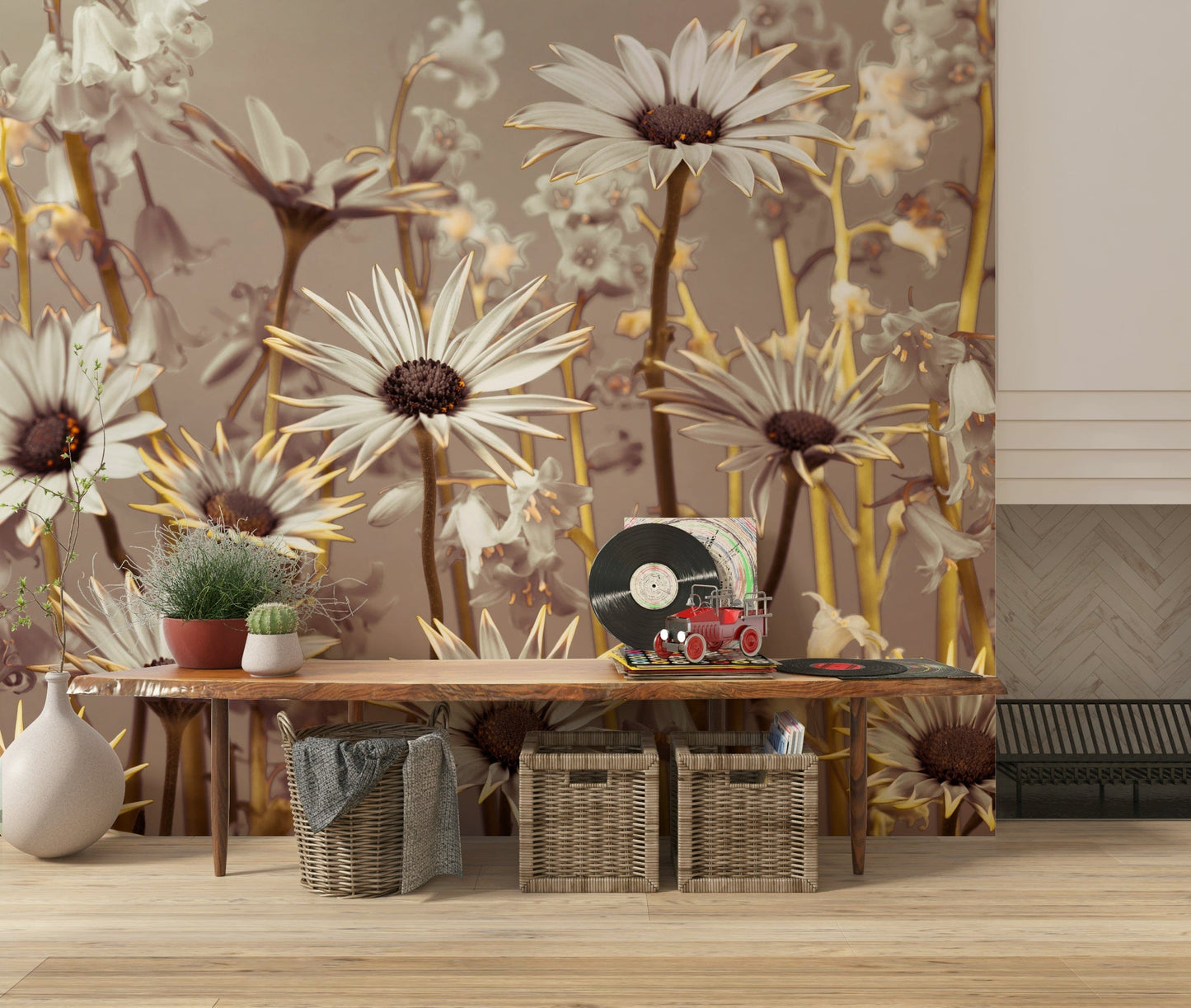 Decorative wallpaper with blooming daisies and subtle wildflower accents in earthy hues.