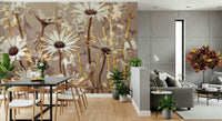 Botanical wallpaper with large daisy blooms and soft-focus blossoms creating a serene atmosphere.