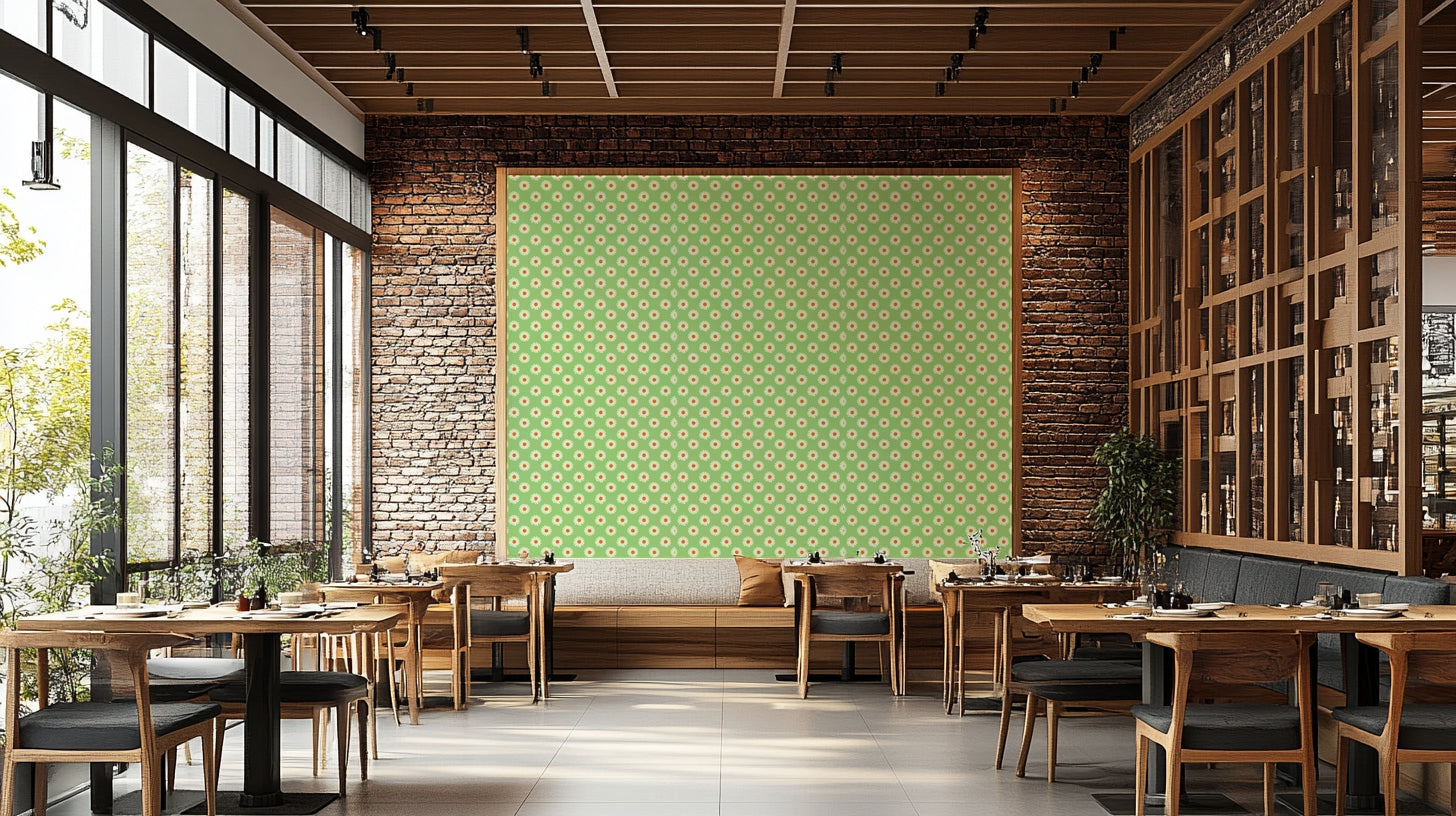 The mural extends across the entire wall, creating a clean backdrop.


