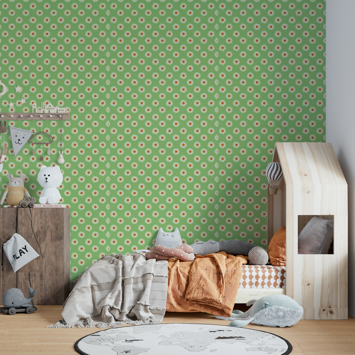 The wallpaper is installed in a formal, elegant living room.


