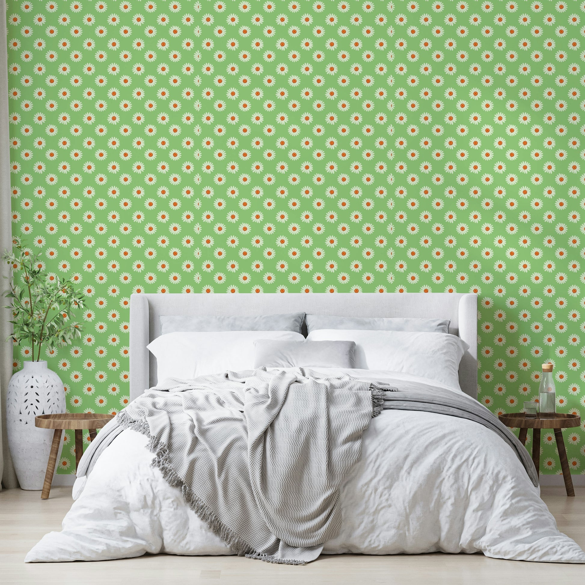 The image shows a repeating design with white daisies.

