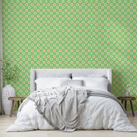 The image shows a repeating design with white daisies.

