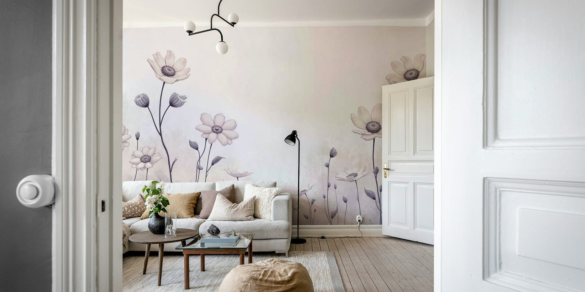 A minimalist interior with the daisy-themed wallpaper.