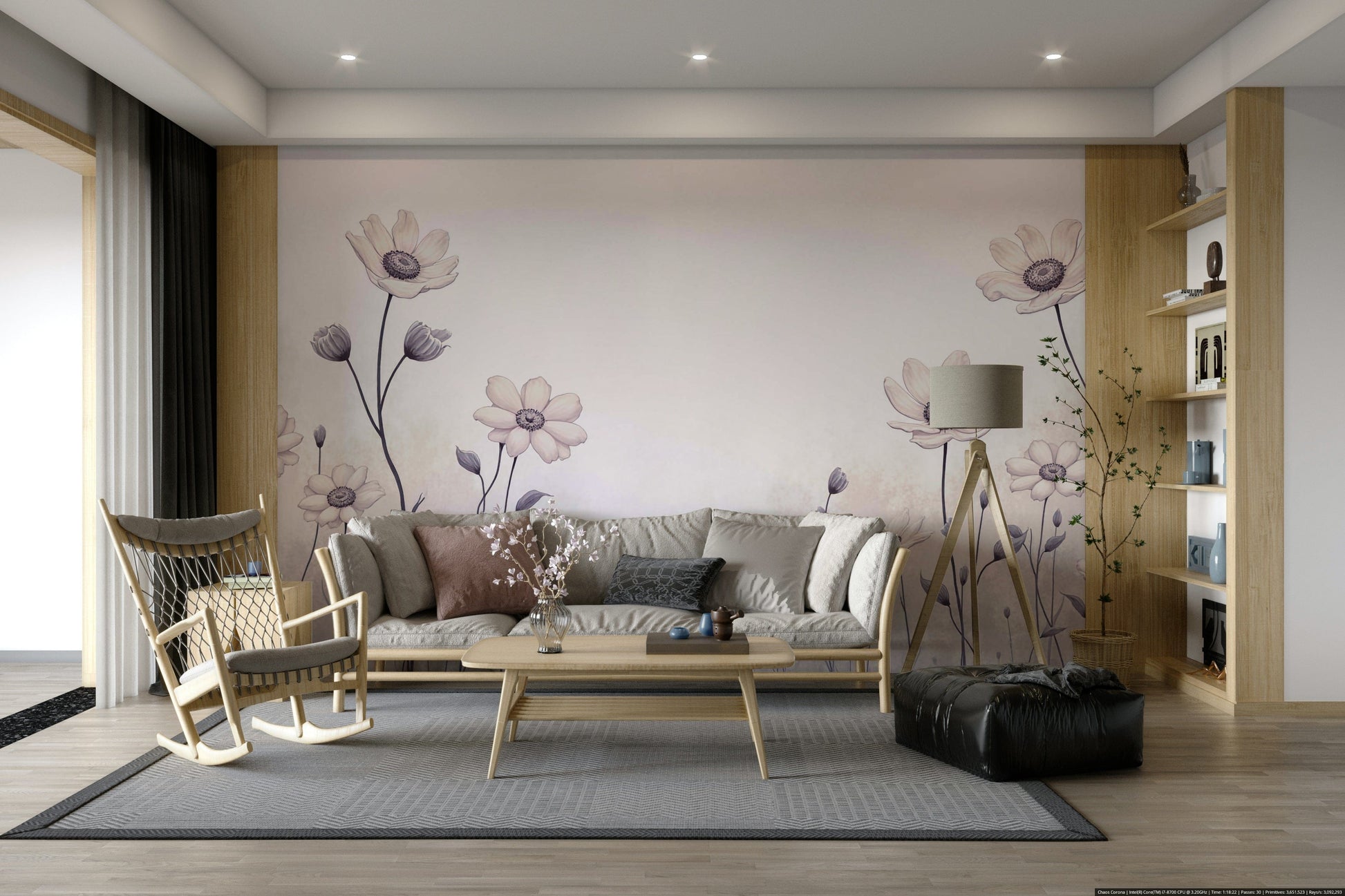 The peel and stick wallpaper showing realistic flower textures.