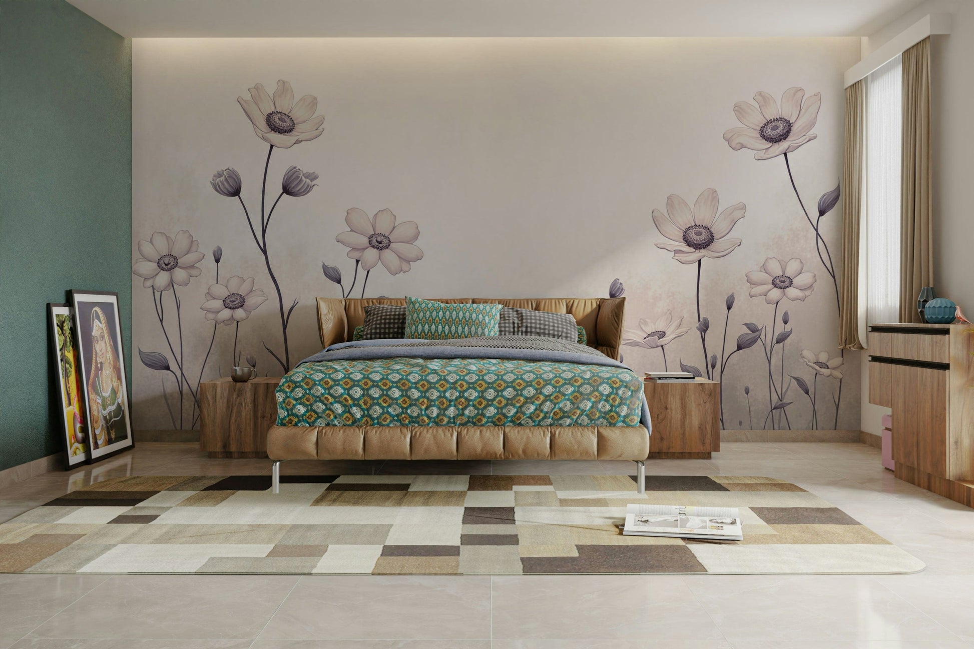 The wallpaper is used as a feature wall in a bedroom.