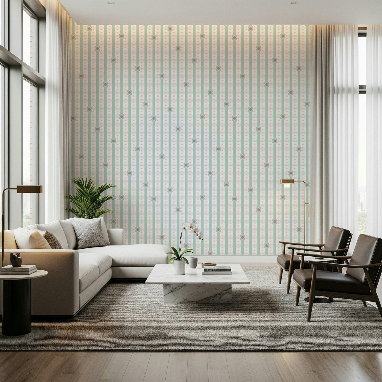 Daisy Stripes Wallpaper – Cheerful wallpaper featuring white daisies over soft striped background.
