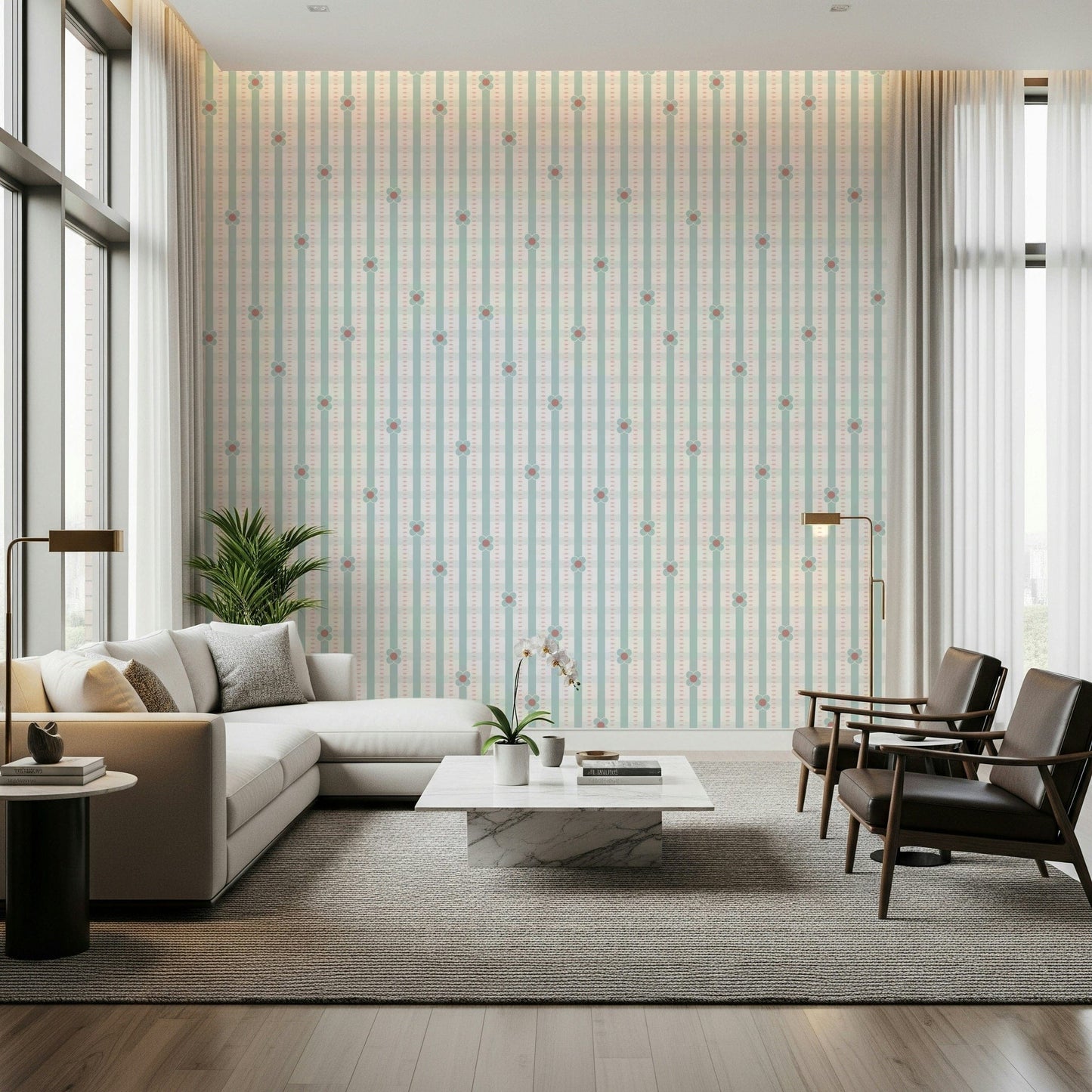 Daisy Stripes Wallpaper – Cheerful wallpaper featuring white daisies over soft striped background.