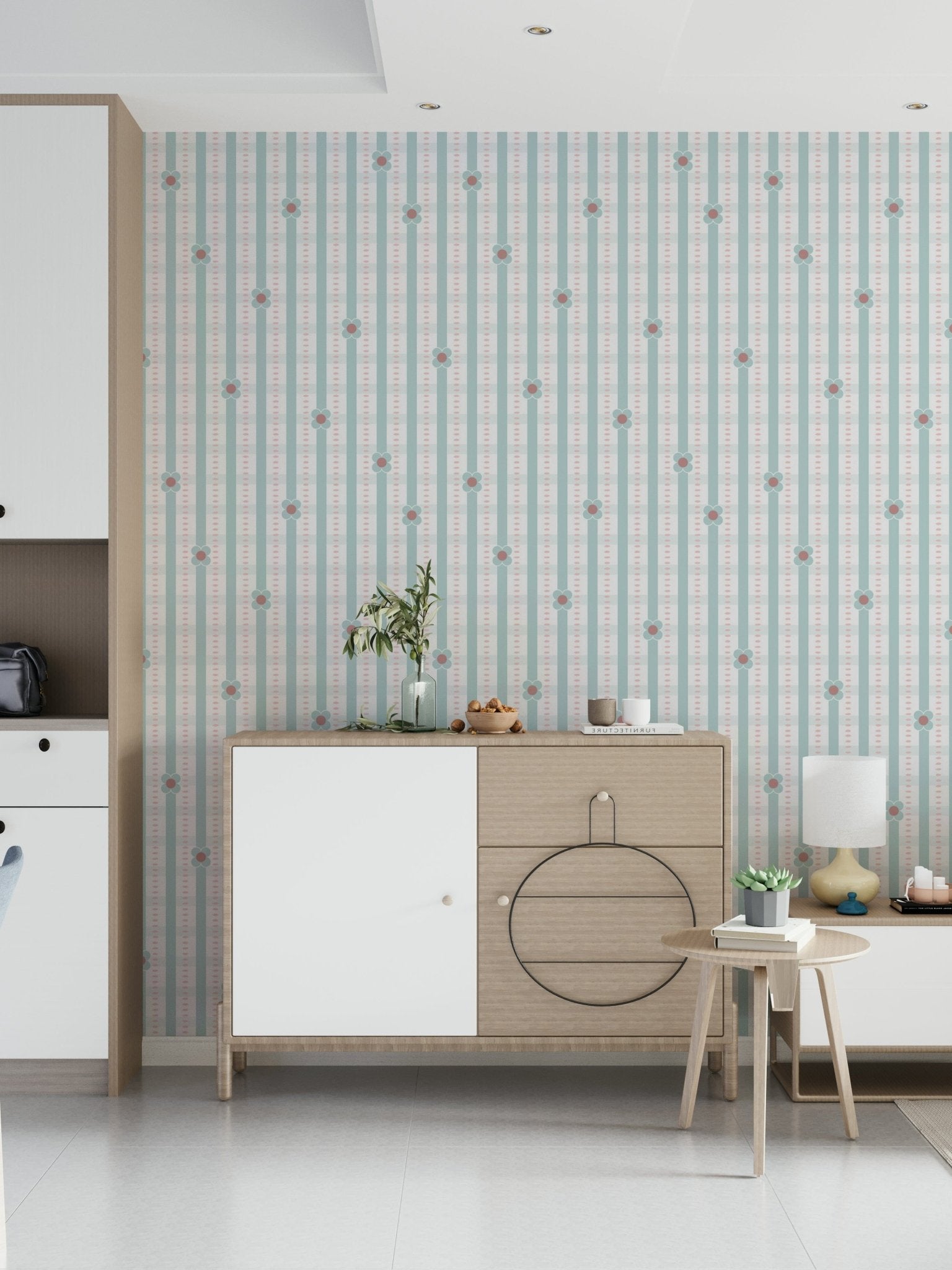 Daisy Blossom Striped Wallpaper – Decorative wallpaper featuring small daisy flowers over a striped background.