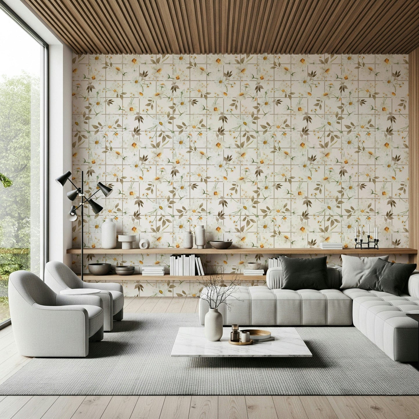 Gridded botanical Daisy Window Panes print decor