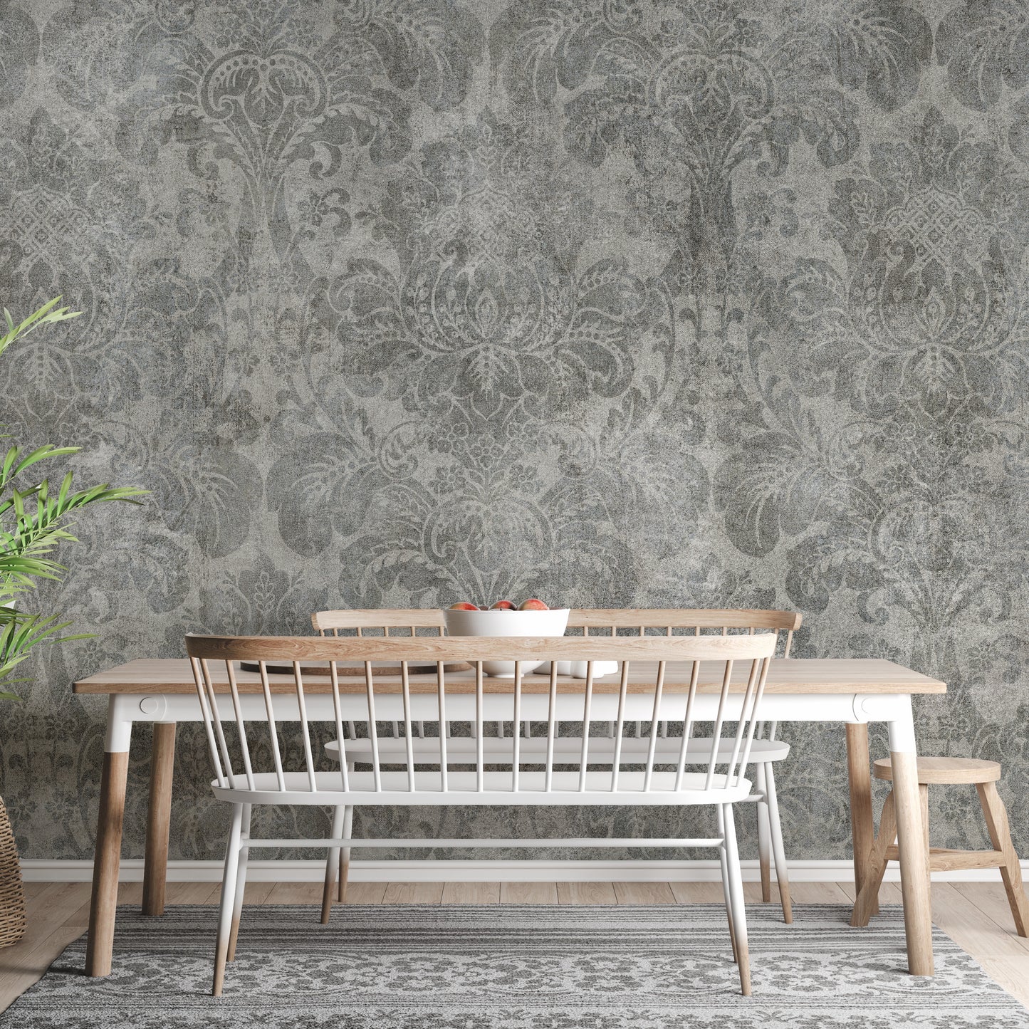 Damask wallpaper styled along a hallway feature wall near a console in gray tones