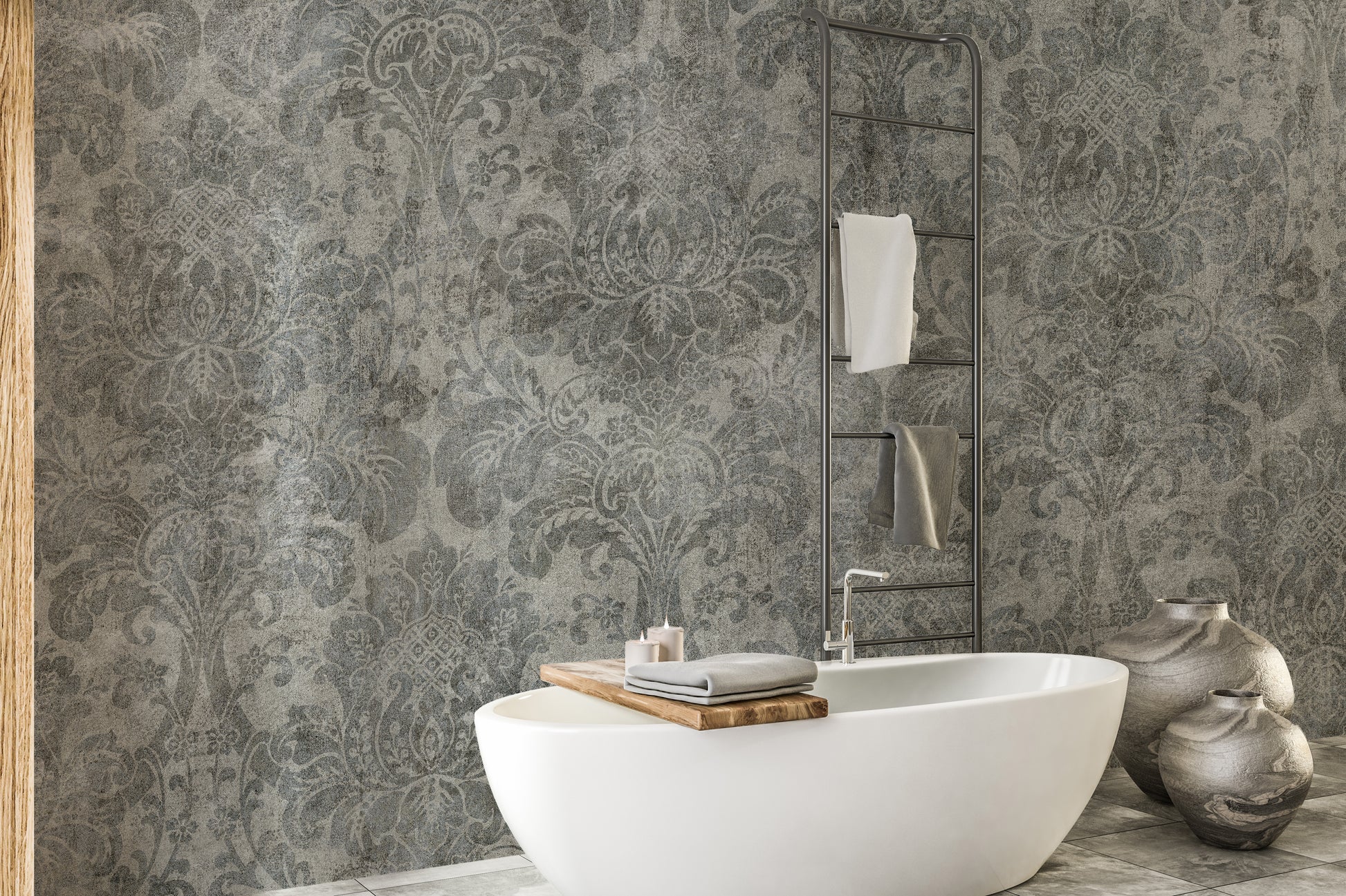 Damask wallpaper as a feature wall in a home office workspace in gray tones