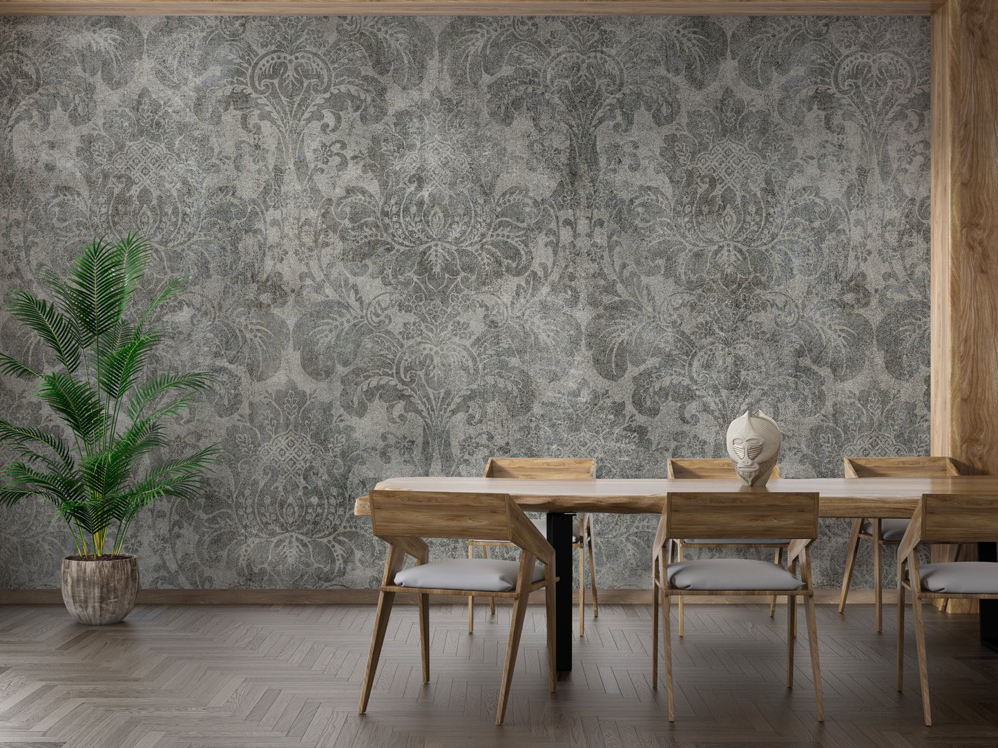 Damask wallpaper as a bedroom feature wall behind the headboard in gray tones