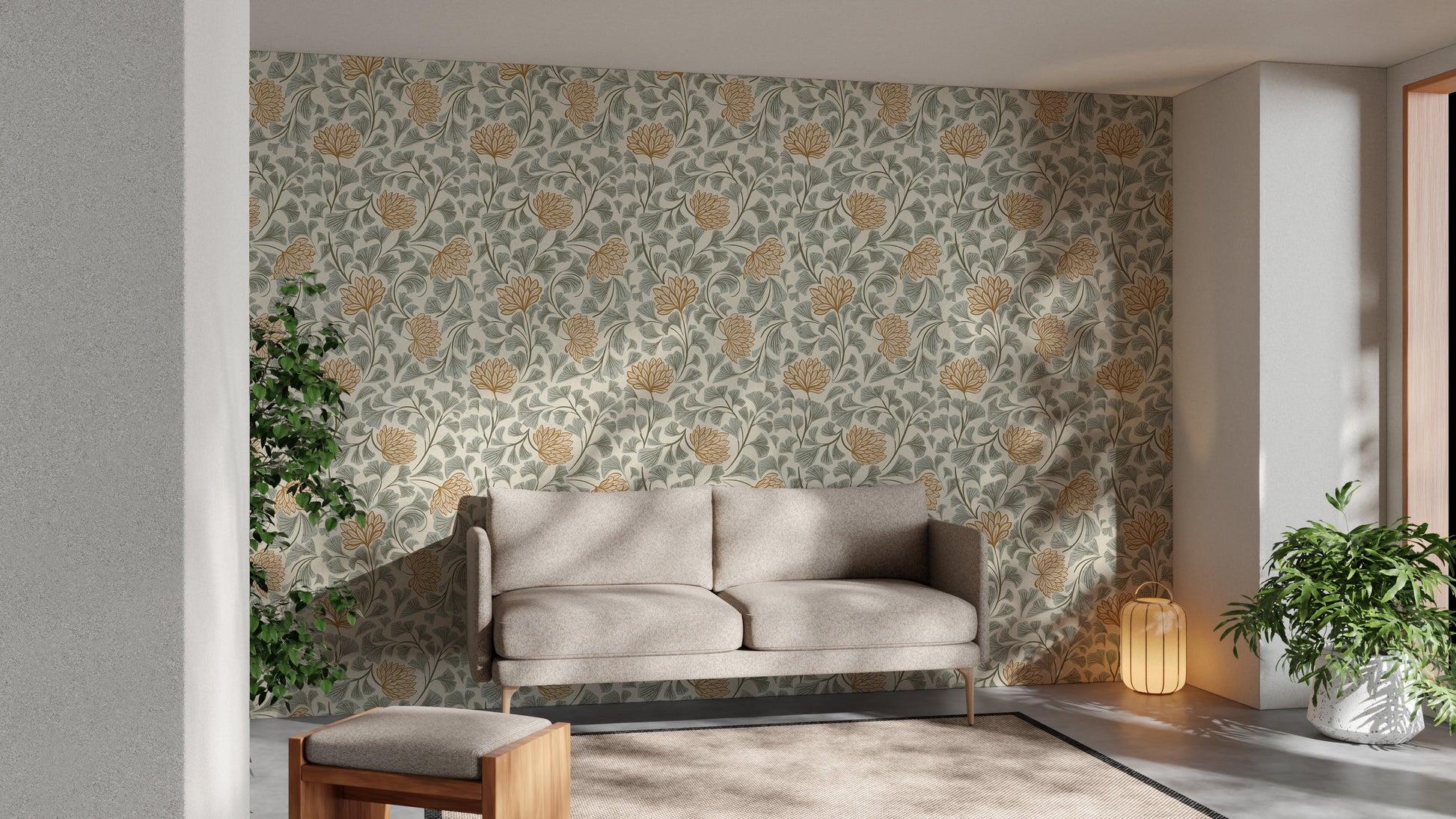 Dancing Bloom wallpaper with mustard florals and green leaves behind a beige sofa and lantern in a sunlit living room