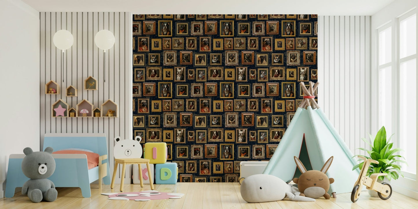 Wall mural showing a pattern of charming dog portraits.

