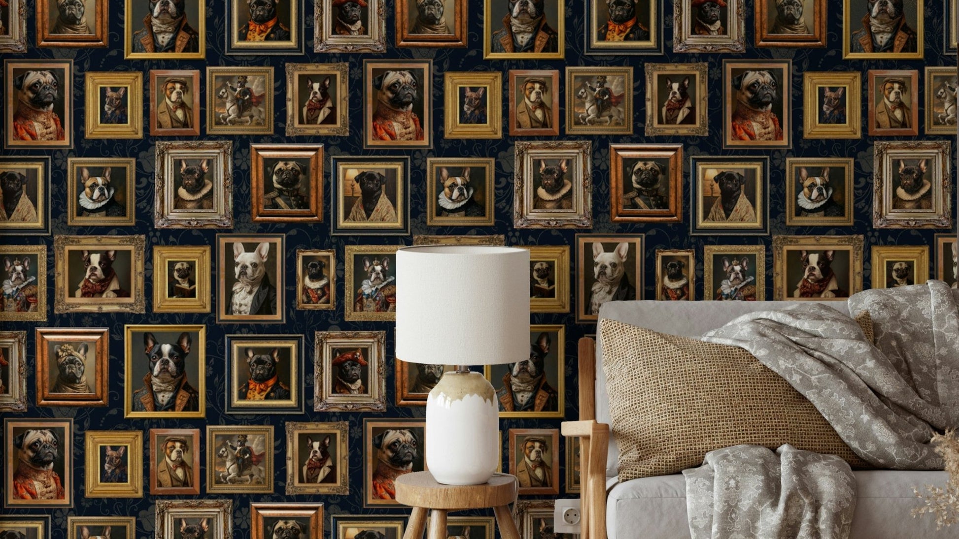 Wallpaper with dogs in stylish, dapper clothing.

