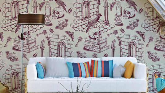 Dark Academia Toile de Jouy - Burgundy wallpaper for classic decor

