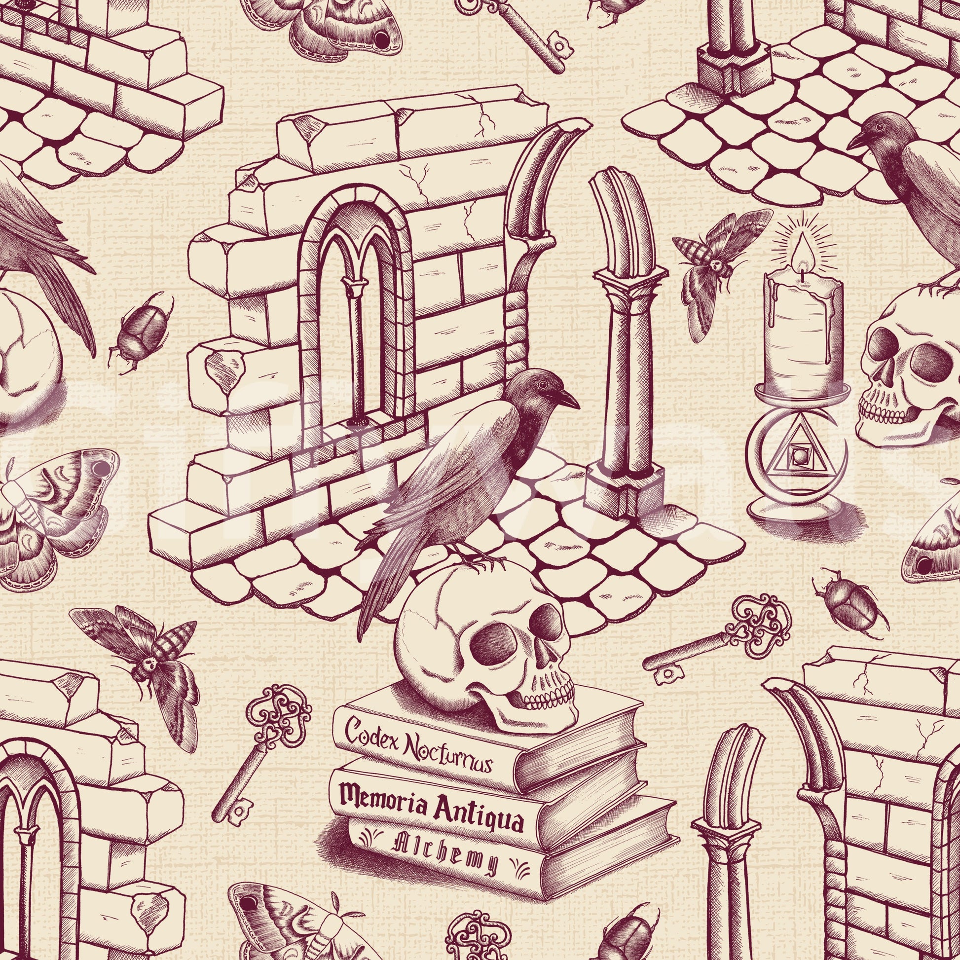 Elegant vintage wallpaper in Burgundy Toile de Jouy style

