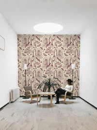 Burgundy Toile de Jouy wallpaper with vintage motifs


