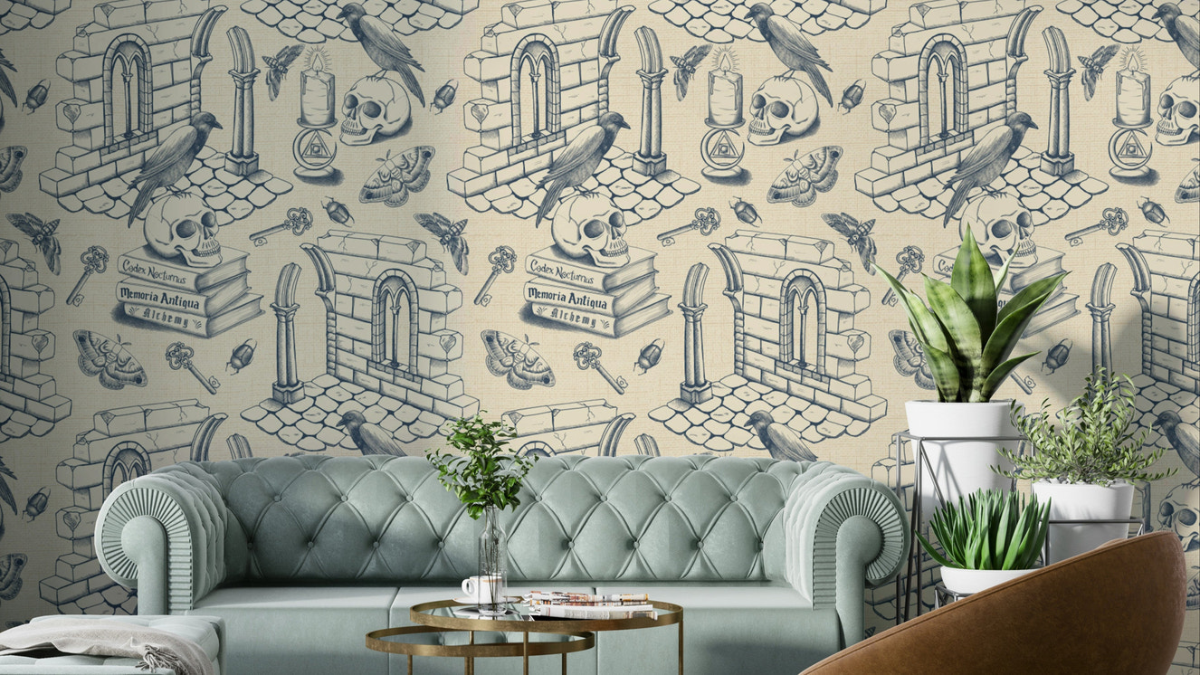 Mural wallpaper featuring French toile on deep blue

