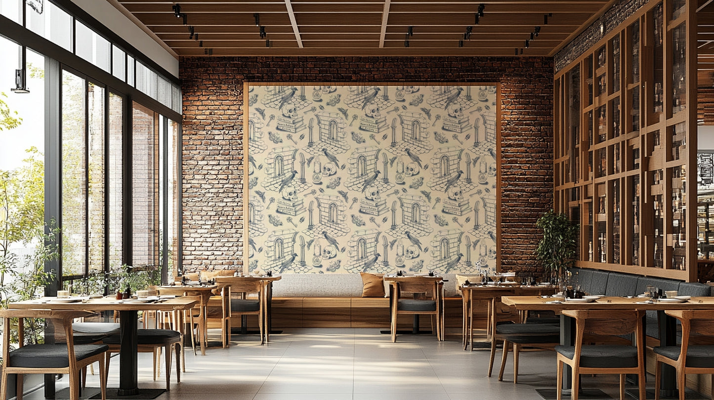 French toile wall mural in muted blue color scheme

