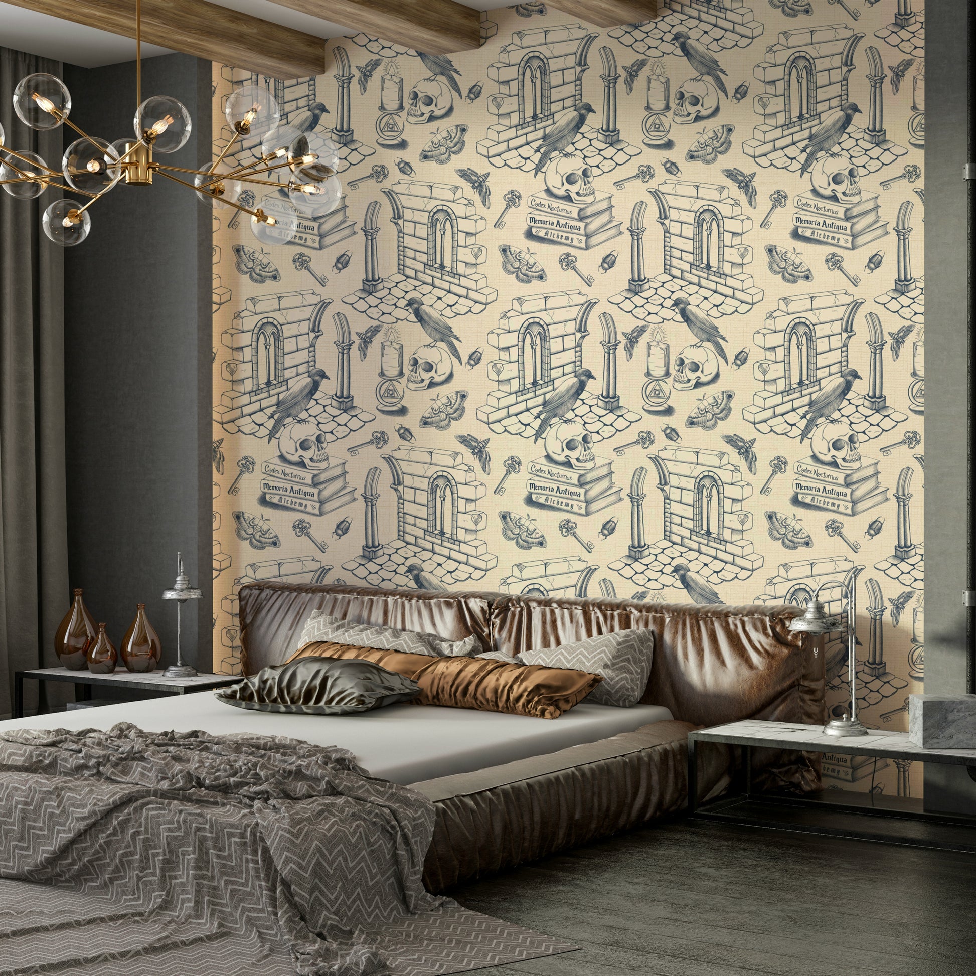 Blue toile de Jouy mural for studies and libraries

