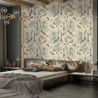 Blue toile de Jouy mural for studies and libraries

