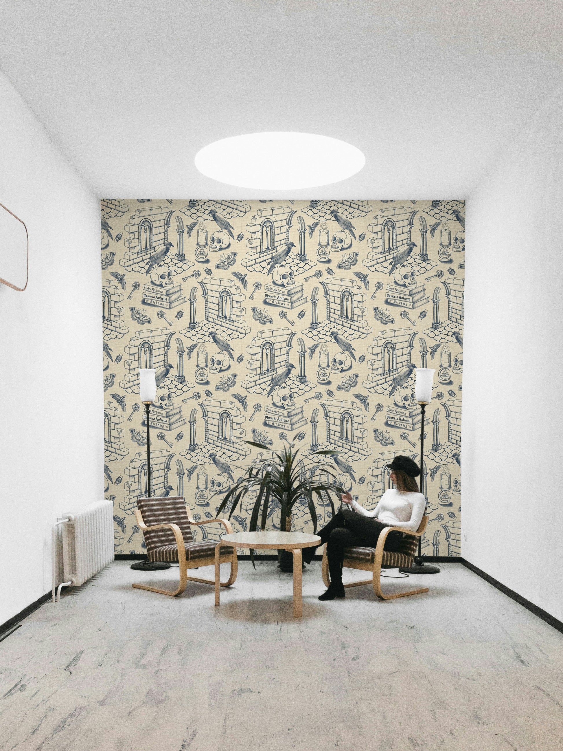 Classic wall mural in twilight blue and soft ink tones

