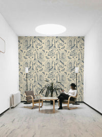Classic wall mural in twilight blue and soft ink tones

