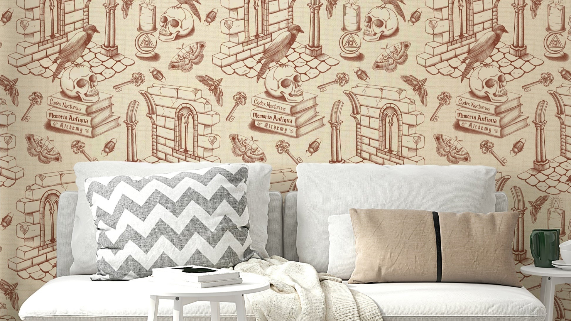 Mural wallpaper in amber with classic French scenes

