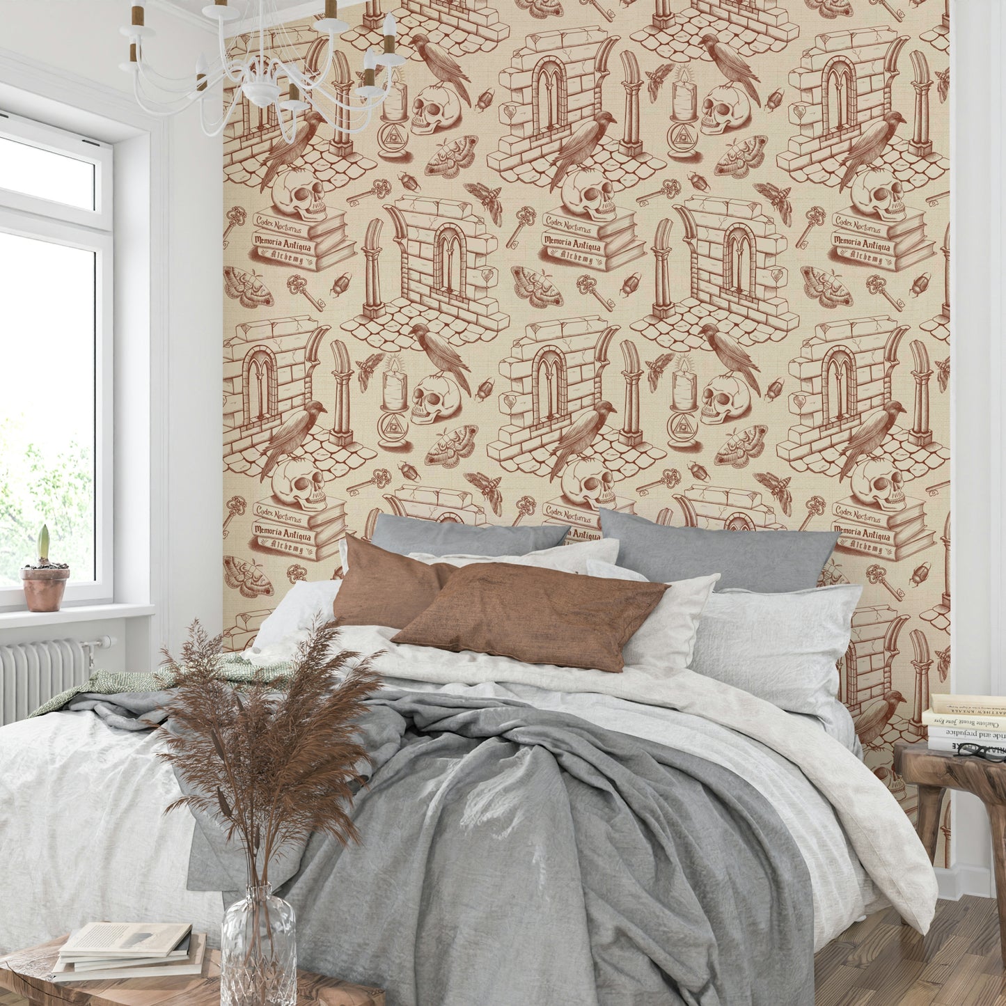 Amber toile wall mural with fine brown illustrations

