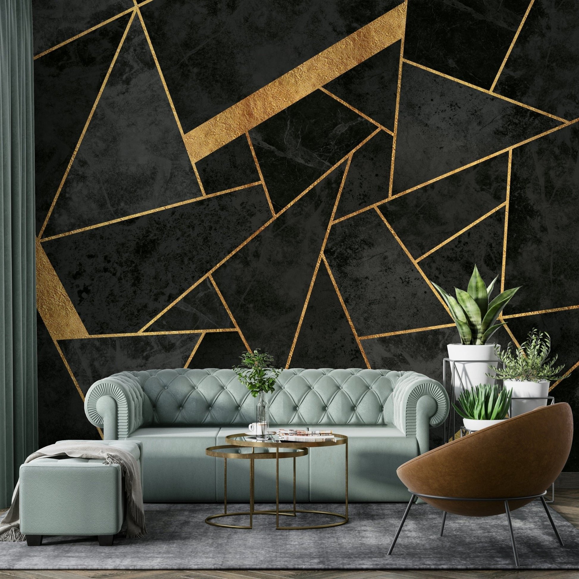 Living room wall mural in dark and gold palette

