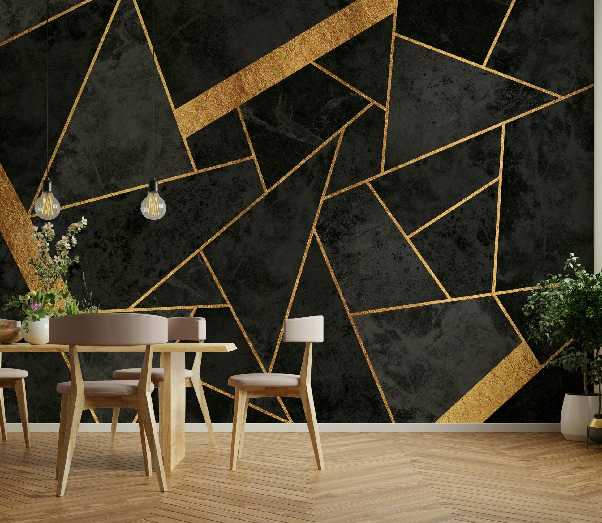 Luxury wall mural design with dark and gold shades

