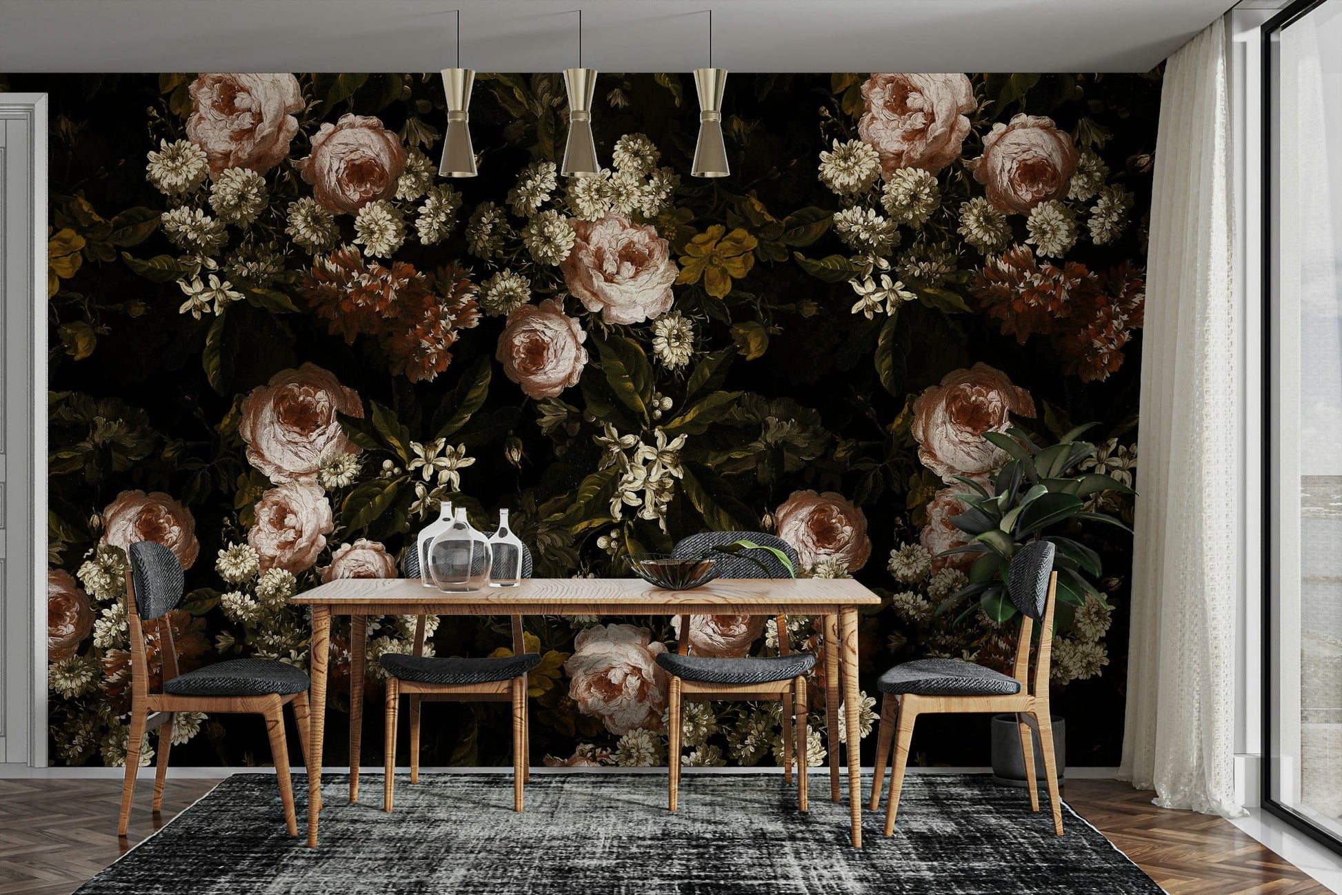 A botanical wallpaper with dark flowers.